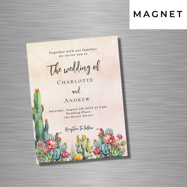 Cactus flowers rustic rose gold luxury wedding magnetic invitation (Creator Uploaded)
