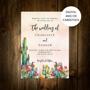 Cactus flowers rustic rose gold wedding invitation