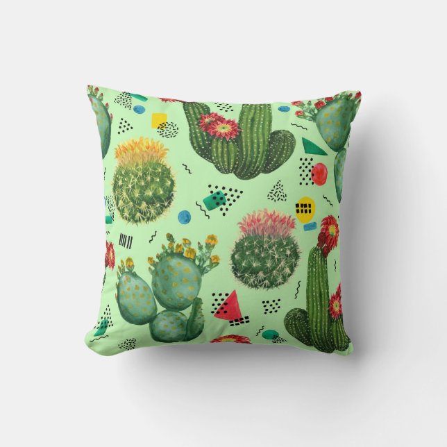 Cactus Flowers: Watercolor Geometric Background. Cushion (Front)