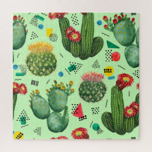Cactus Flowers: Watercolor Geometric Background. Jigsaw Puzzle