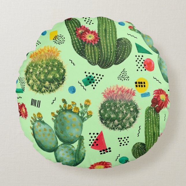 Cactus Flowers: Watercolor Geometric Background. Round Cushion (Front)