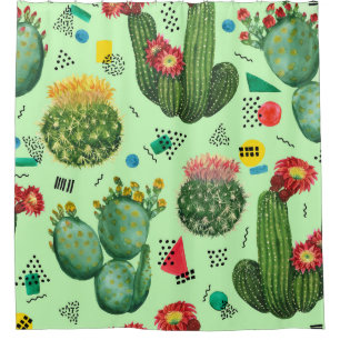 Cactus Flowers: Watercolor Geometric Background. Shower Curtain