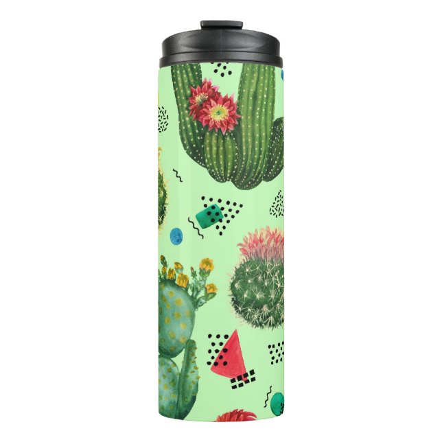 Cactus Flowers: Watercolor Geometric Background. Thermal Tumbler (Front)