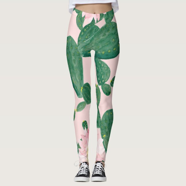 Cactus Flowers: Watercolor Painting Leggings (Front)