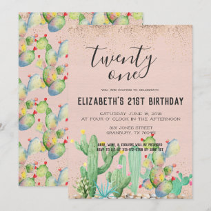Cactus Garden Themed 21st Birthday Party Invitation