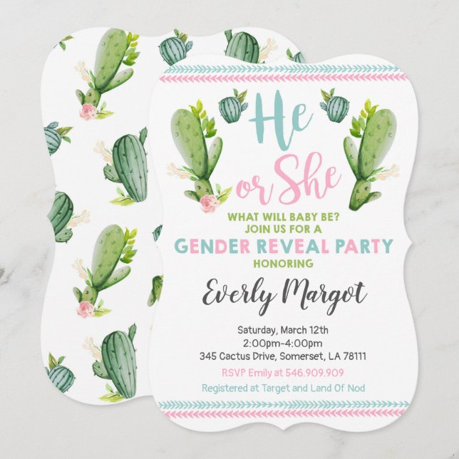 Cactus Gender Reveal Party Invitation Baby Reveal (Front/Back)