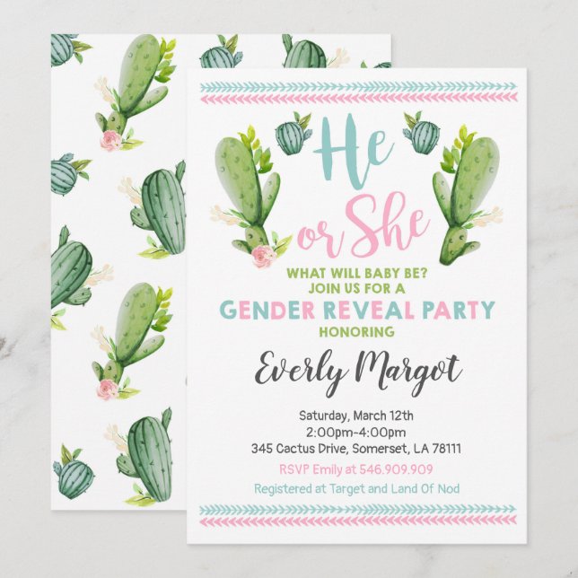 Cactus Gender Reveal Party Invitation Baby Reveal (Front/Back)