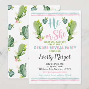 Cactus Gender Reveal Party Invitation Baby Reveal