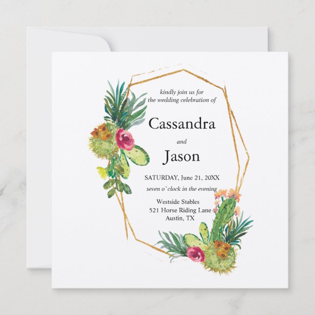 Cactus Geometric  Gold Frame Wedding Invitation (Front)
