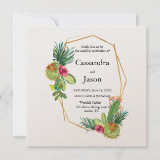 Cactus Geometric  Gold Frame Wedding Invitation