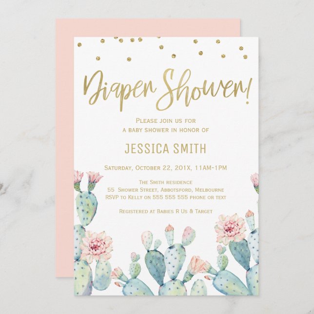 Cactus Gold Calligraphy Diaper Baby Shower Invitation (Front/Back)
