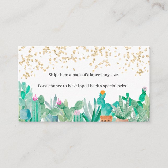 Cactus gold glitter watercolor baby shower diapers enclosure card (Front)