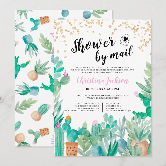 Cactus gold glitter watercolor shower by mail invitation (Front/Back)