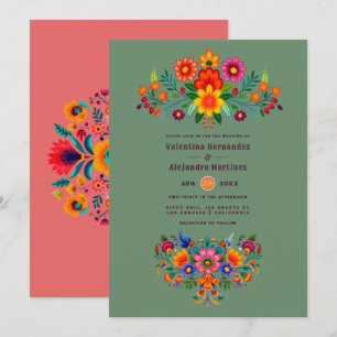 Cactus Green & Coral Rose Folk Art Fiesta Wedding Invitation