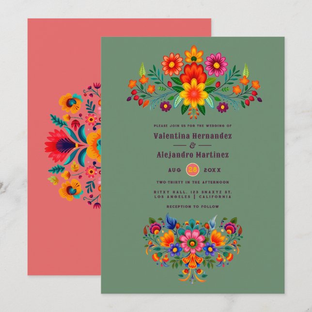 Cactus Green & Coral Rose Folk Art Fiesta Wedding Invitation (Front/Back)