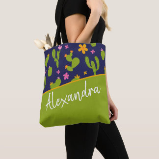 Cactus Green Pink Blue Pattern Personalised Tote Bag