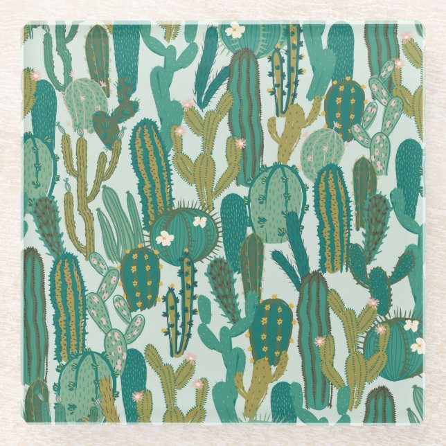 Cactus Green Repeated Vintage Texture Glass Coaster (Front)