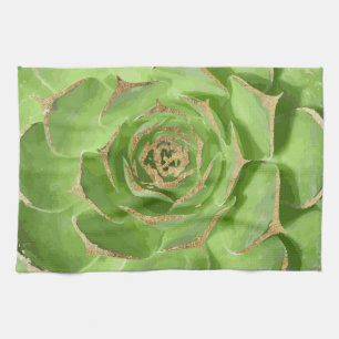 Cactus Green Succulent with Faux Gold Tips Tea Towel