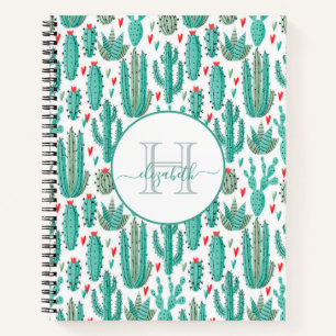 Cactus green white pattern monogram notebook