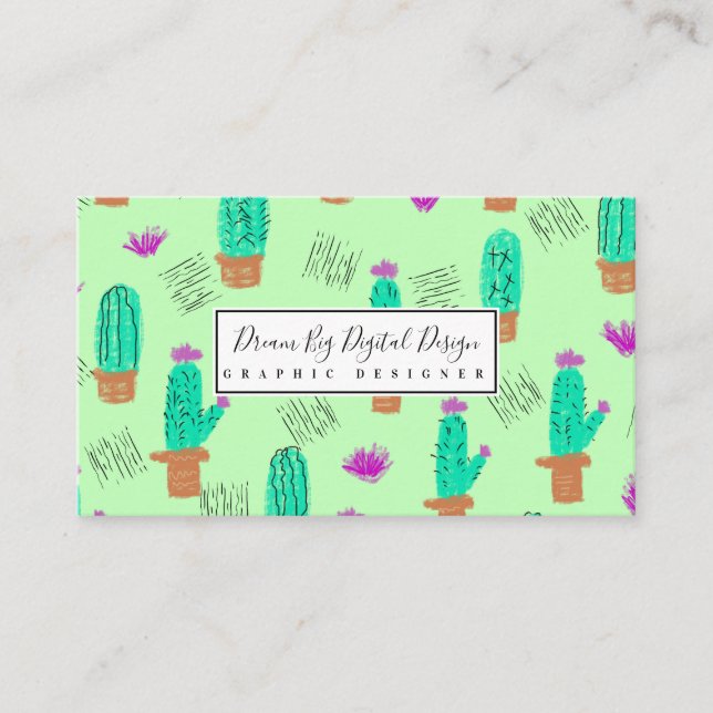 Cactus Greenery Doodles | Green Business Card (Front)