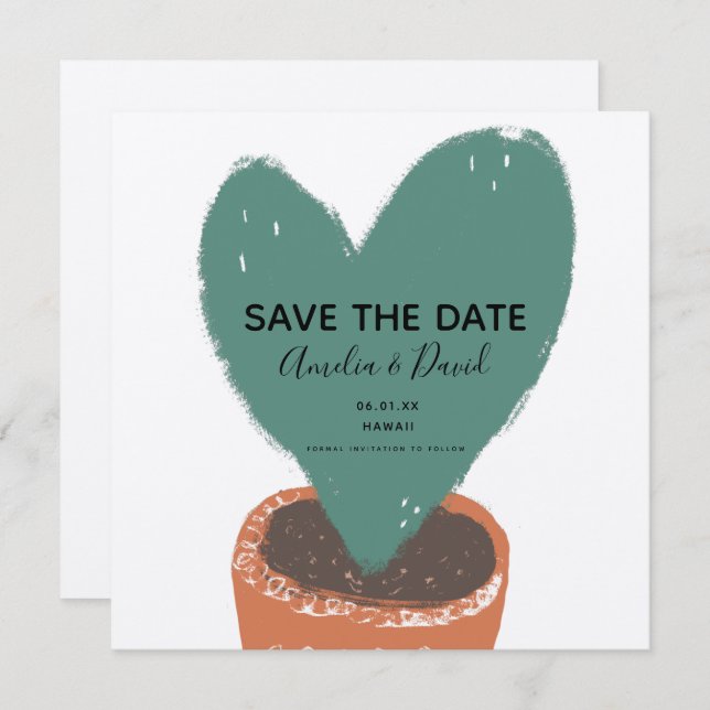 Cactus Hand Drawn Heart Hoya Plant Save the Date (Front/Back)
