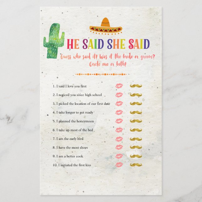 Cactus he said she said bridal shower game card (Front)