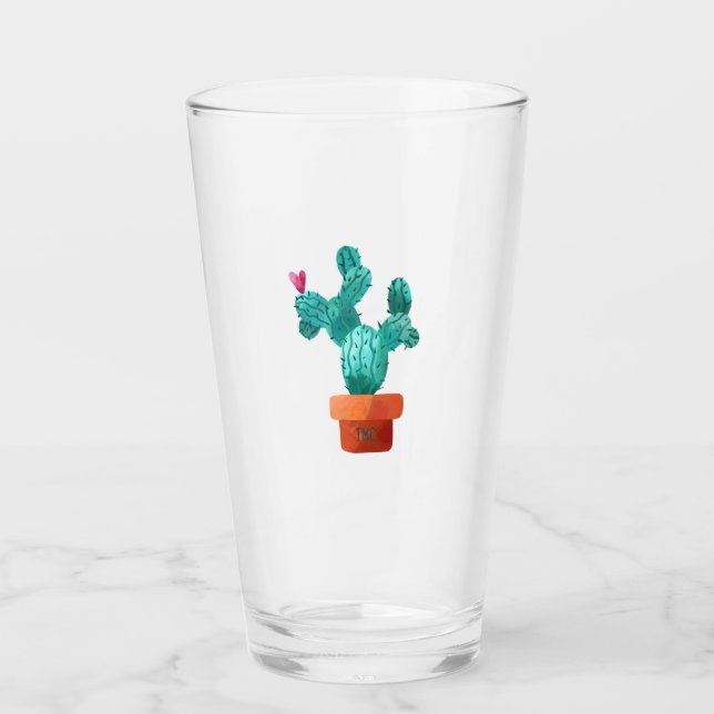 Cactus Heart Monogram Initials Green Pink Fun Glass (Front)