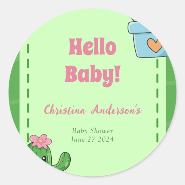 Cactus Hello Baby Shower Green Pink Grass Classic Round Sticker (Front)
