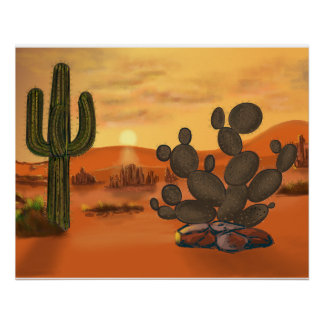 Cactus in the desert, warm autumn colors. poster