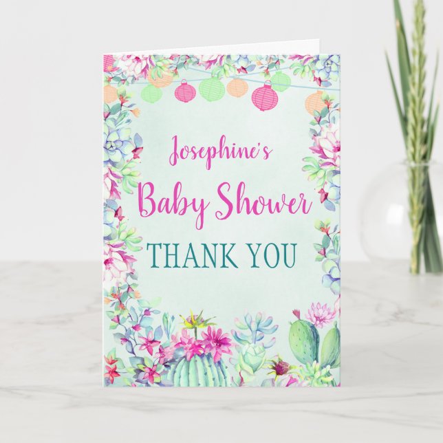 Cactus Lantern Fiesta Baby Shower Thank You Card (Front)