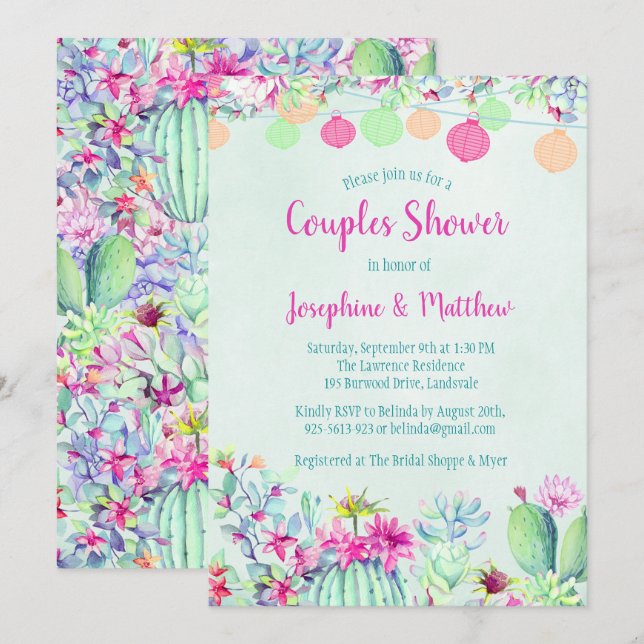 Cactus Lantern Fiesta Couples Shower Invitations (Front/Back)