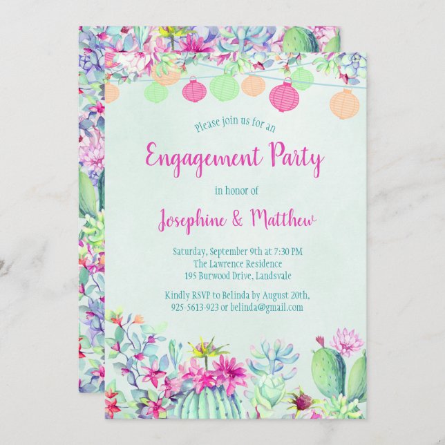Cactus Lantern Fiesta Engagement Party Invitations (Front/Back)