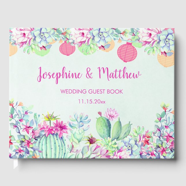 Cactus Lantern Fiesta Succulents Wedding Guest Book (Front)