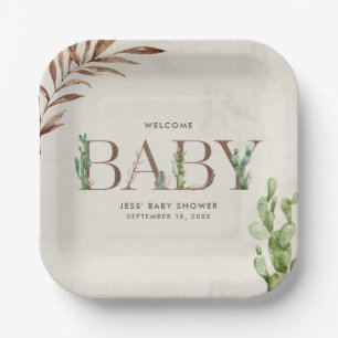 Cactus Leather Neutral Baby Shower Paper Plate