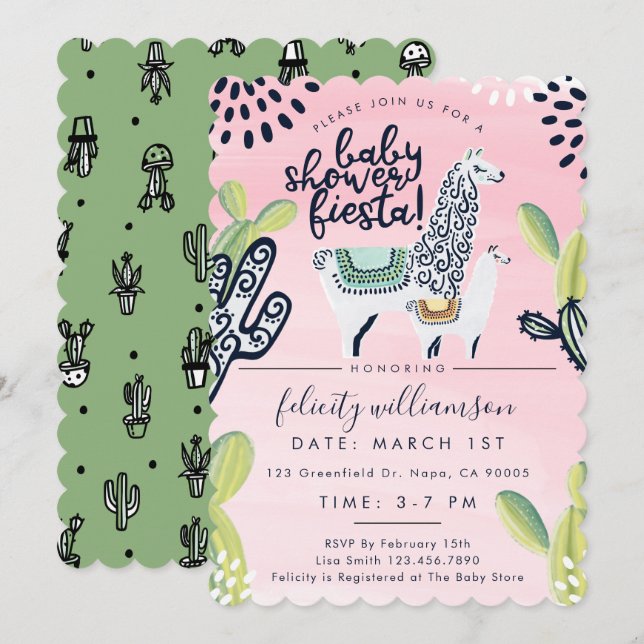 Cactus & Llama Baby Girl Shower Fiesta Invitation (Front/Back)