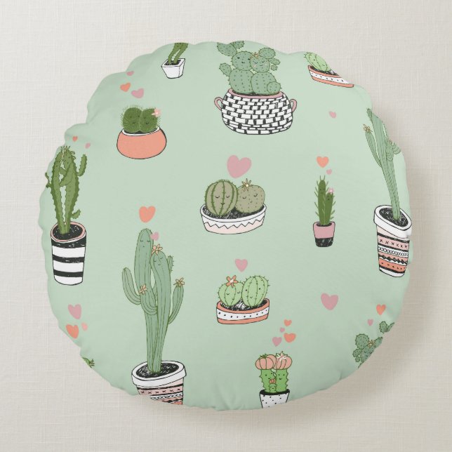 Cactus Love: Cute Cartoon Pattern. Round Cushion (Front)