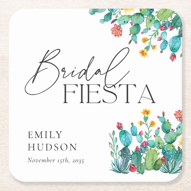 Cactus Mexican Fiesta Bridal Shower Square Paper Coaster (Front)