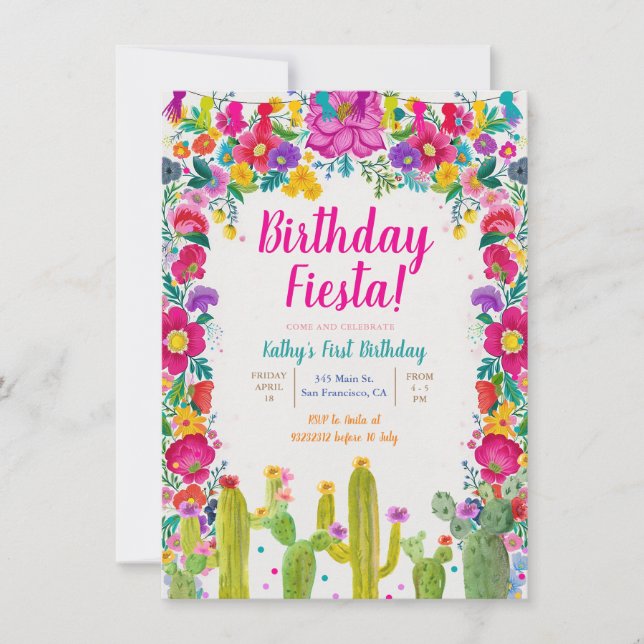 Cactus Mexican Flower 1st Birthday Fiesta Invitation (Front)