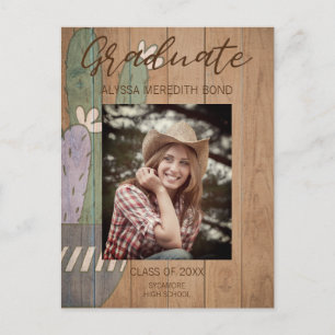 Cactus Modern Rustic Wood Photo Graduation Postcard
