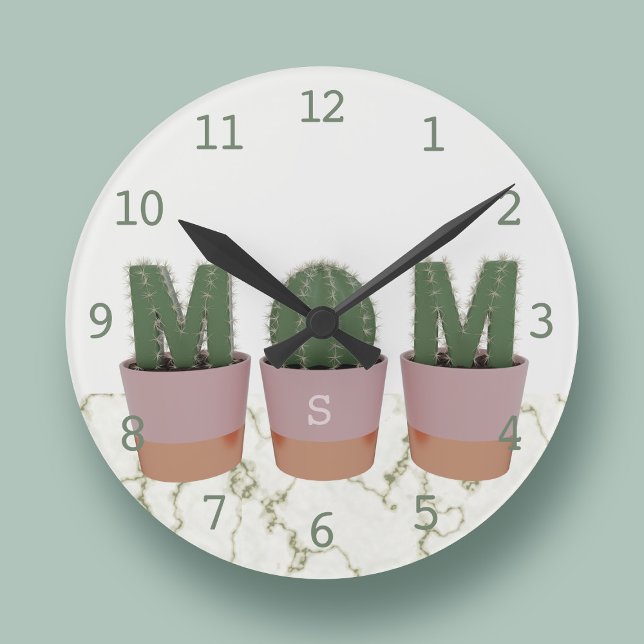 Cactus Mum Monogrammed Wall Clock (Fun cactus wall clock with space for your initial)