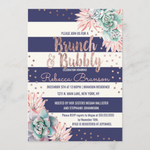 Cactus Navy Stripes Rose Gold Brunch and Bubbly Invitation