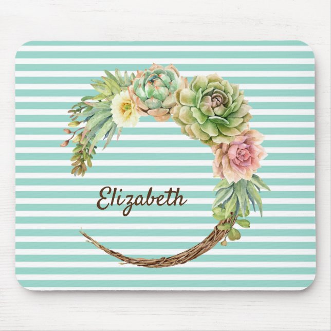 Cactus On Mint Green Stripes Mouse Pad (Front)