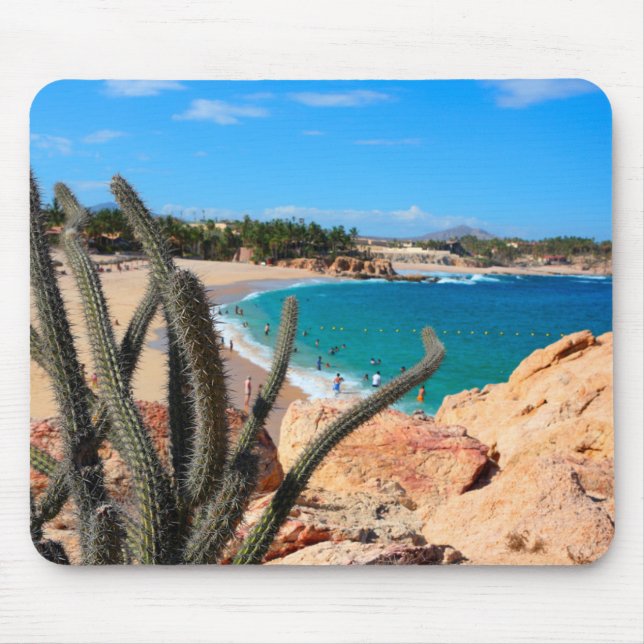 Cactus On Rocky Hilltop Over Sandy Beach Mouse Mat (Front)