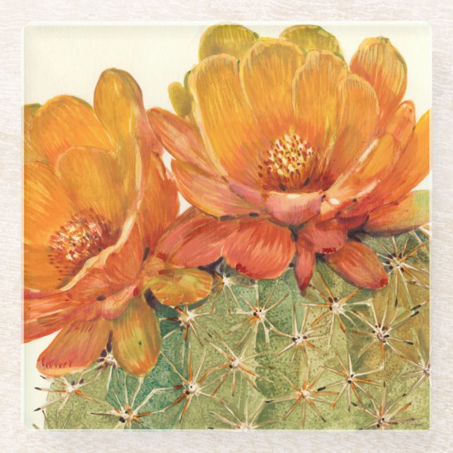 Cactus Orange Blossoms Glass Coaster (Front)