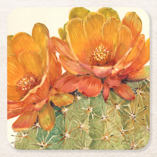Cactus Orange Blossoms Square Paper Coaster (Front)