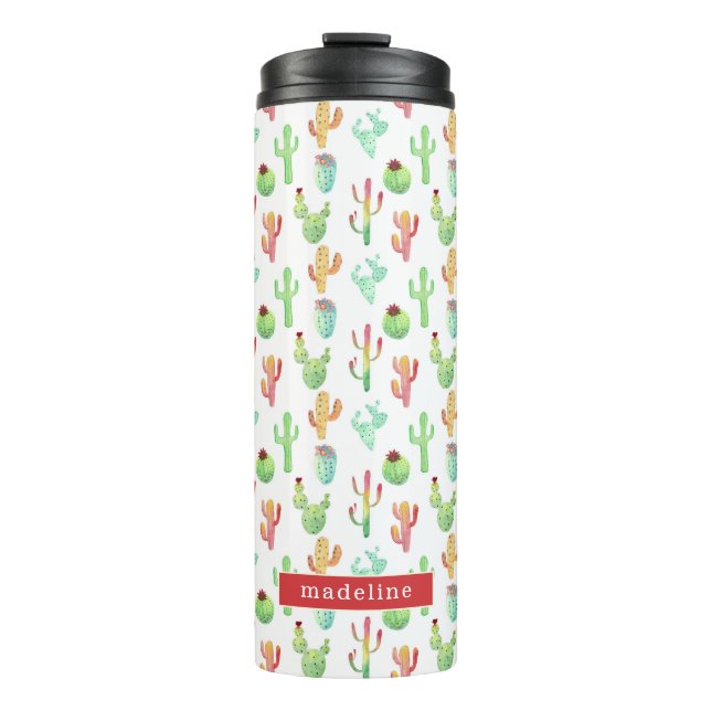Cactus Pastel Watercolor Pattern Thermal Tumbler (Front)