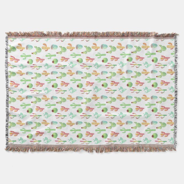 Cactus Pastel Watercolor Pattern Throw Blanket (Front)