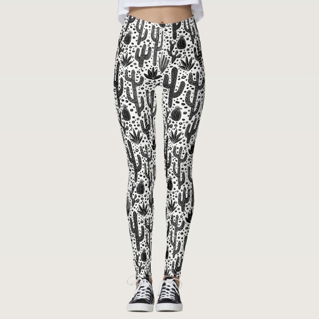 Cactus Pattern - Black and White Leggings (Front)