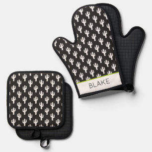 Cactus Pattern Black NAME Desert Southwest Fun Oven Mitt & Pot Holder Set