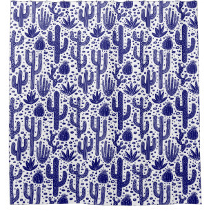 Cactus Pattern - Dark Blue and White Shower Curtain